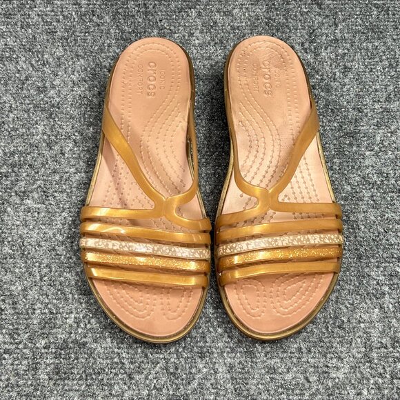 Crocs Isabella Sandals Womens Size 6 Brown Gold Jelly Mini Wedge Slide Flip Flop - Picture 3 of 10